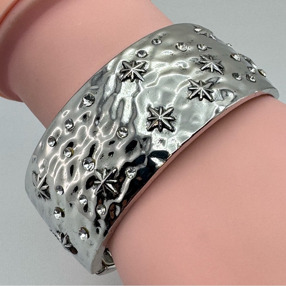 Silver Tone Starburst Crystal Wide Hinged Cuff Bracelet Statement